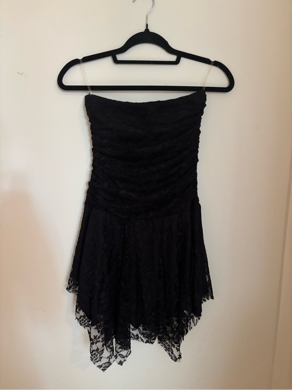 Black Strapless Lace Handkerchief Hem Dress with shorts